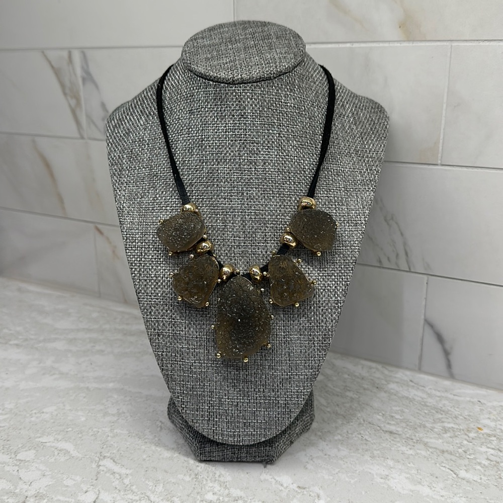 Statement piece necklace with geo crystal vibe.  Black, gray and gold.